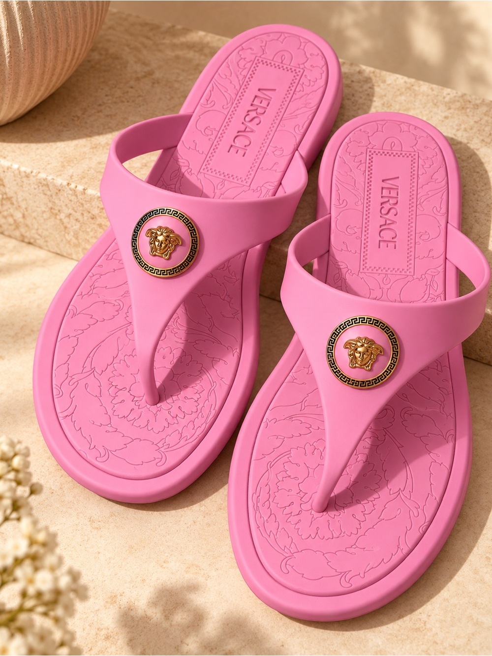 Versace Pink Medusa Thong Sandals with Gold Emblem